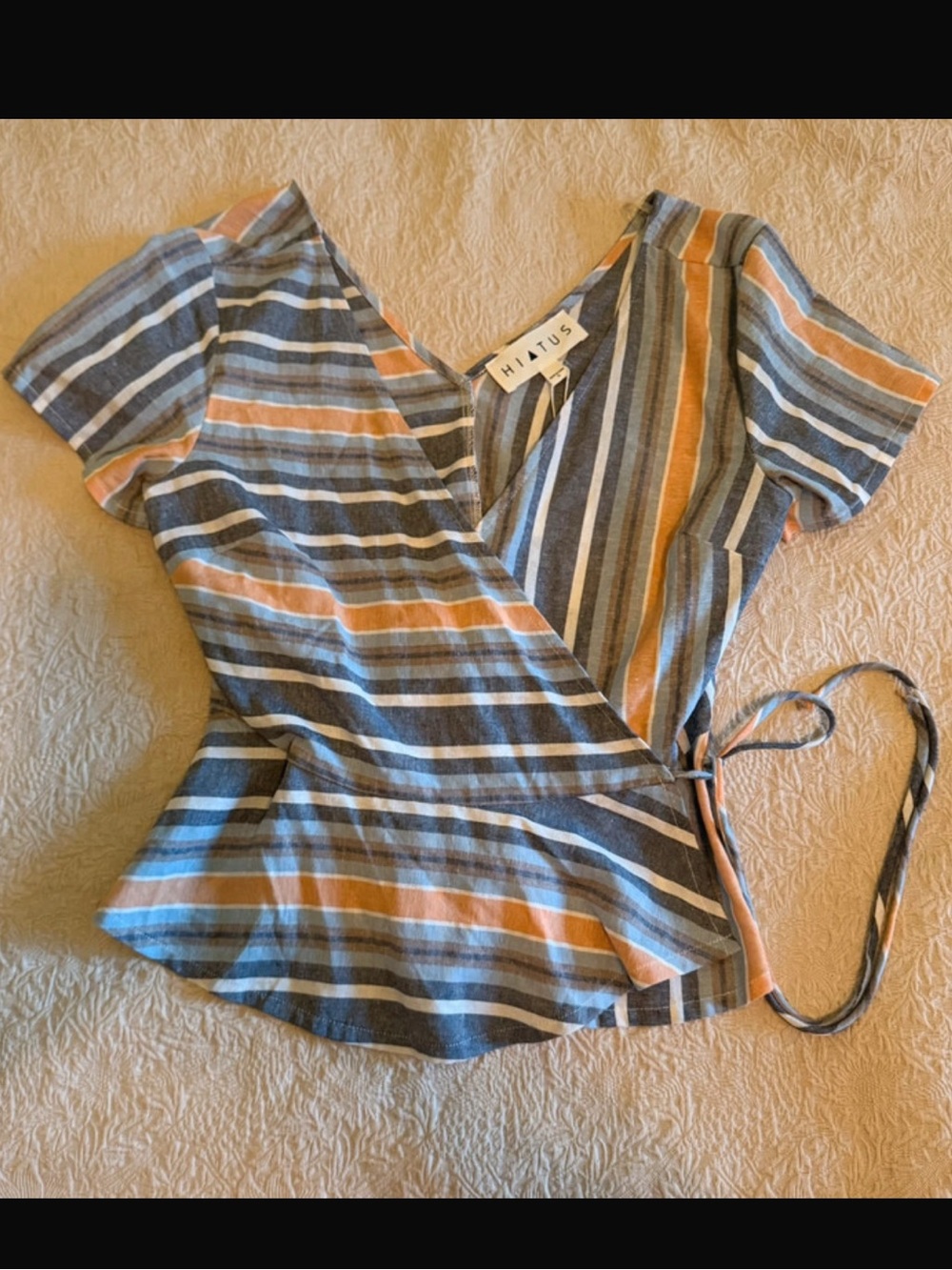 Hiatus Striped Wrap Blouse in Blue and Orange
